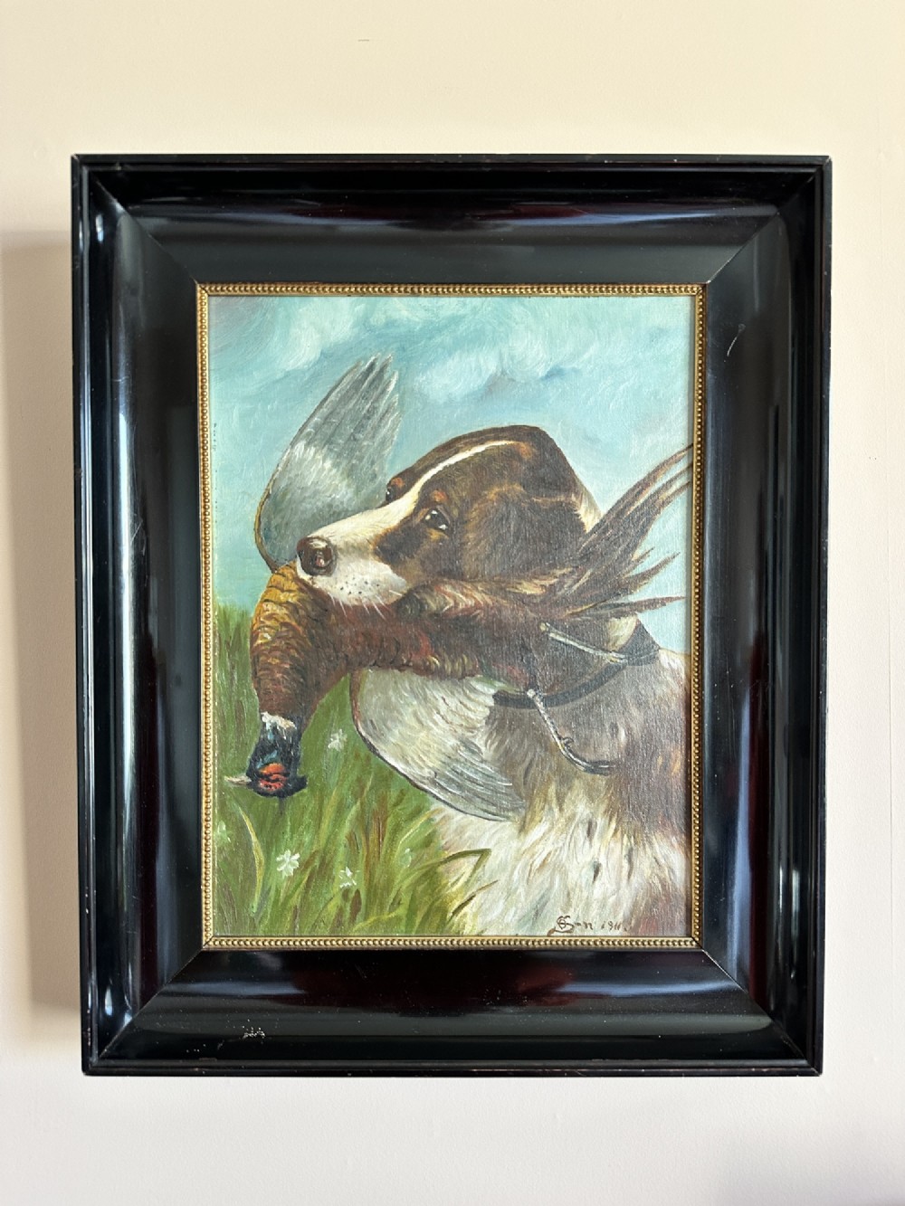 Early 20th Century Sporting Oil Painting of a Gun Dog with Pheasant, Signed & Dated 1911
