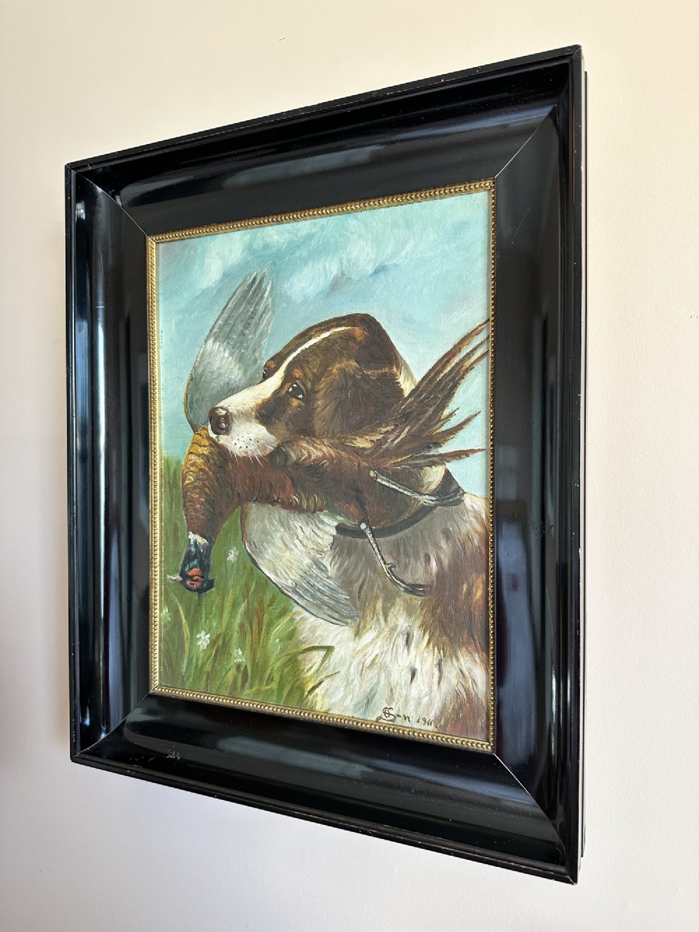 Early 20th Century Sporting Oil Painting of a Gun Dog with Pheasant, Signed & Dated 1911 View II