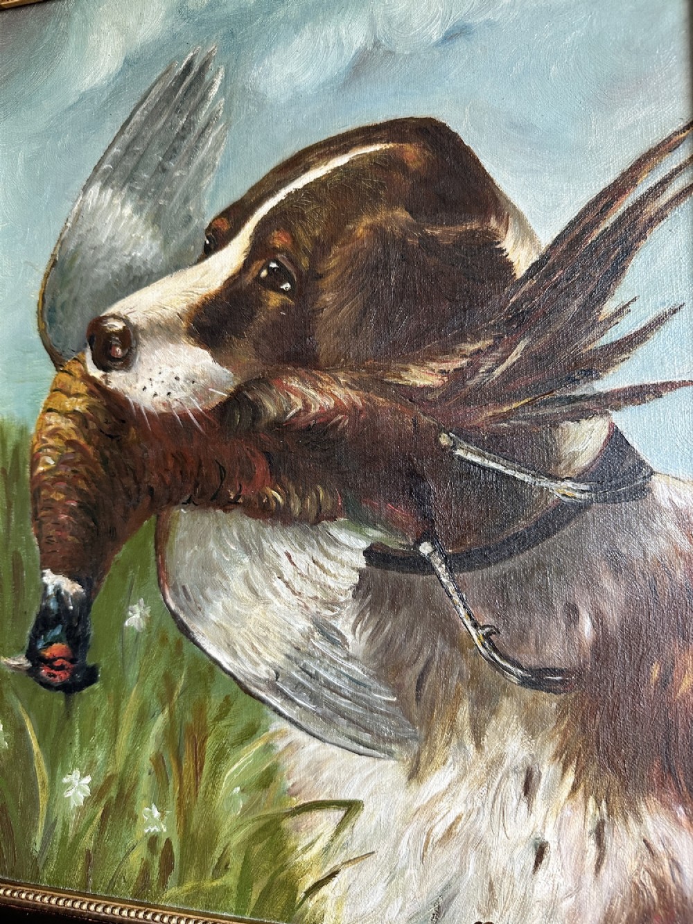 Early 20th Century Sporting Oil Painting of a Gun Dog with Pheasant, Signed & Dated 1911 View III