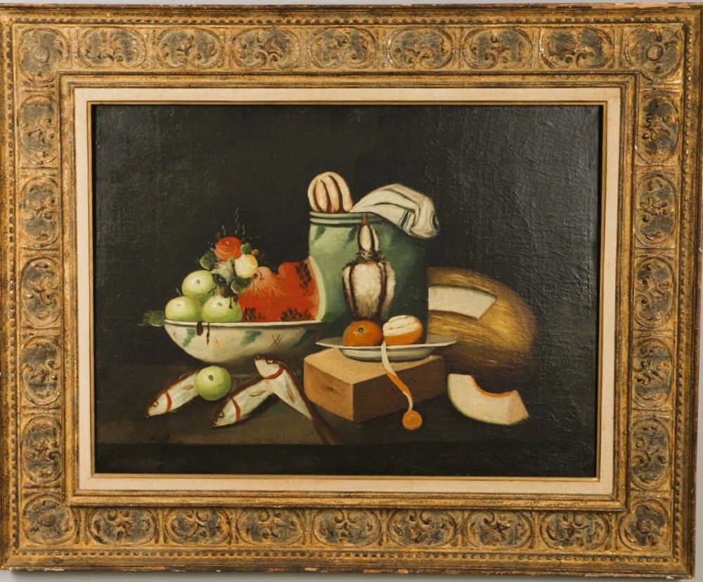 Large Antique Spanish Still Life Oil Painting - Fish, Fruit & Game Birds - 19th Century