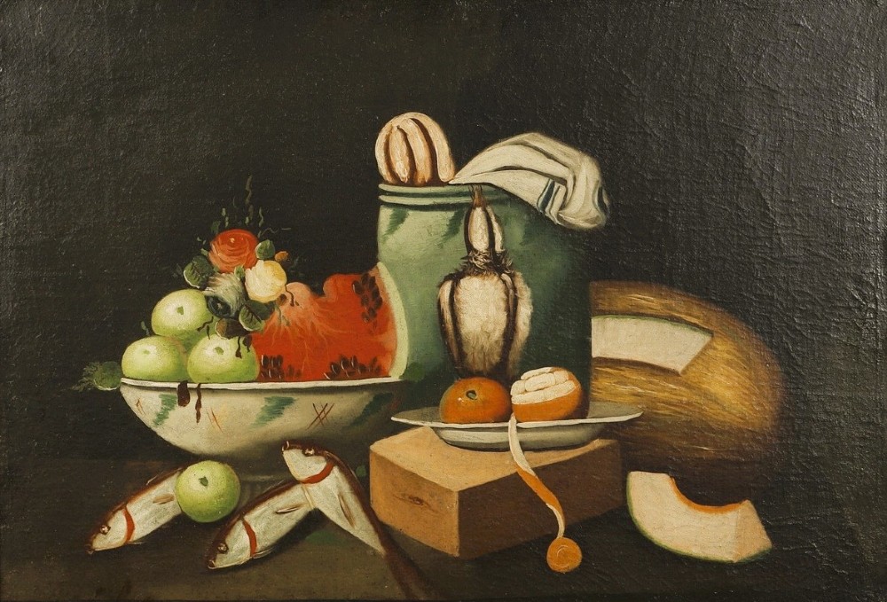 Large Antique Spanish Still Life Oil Painting - Fish, Fruit & Game Birds - 19th Century View II