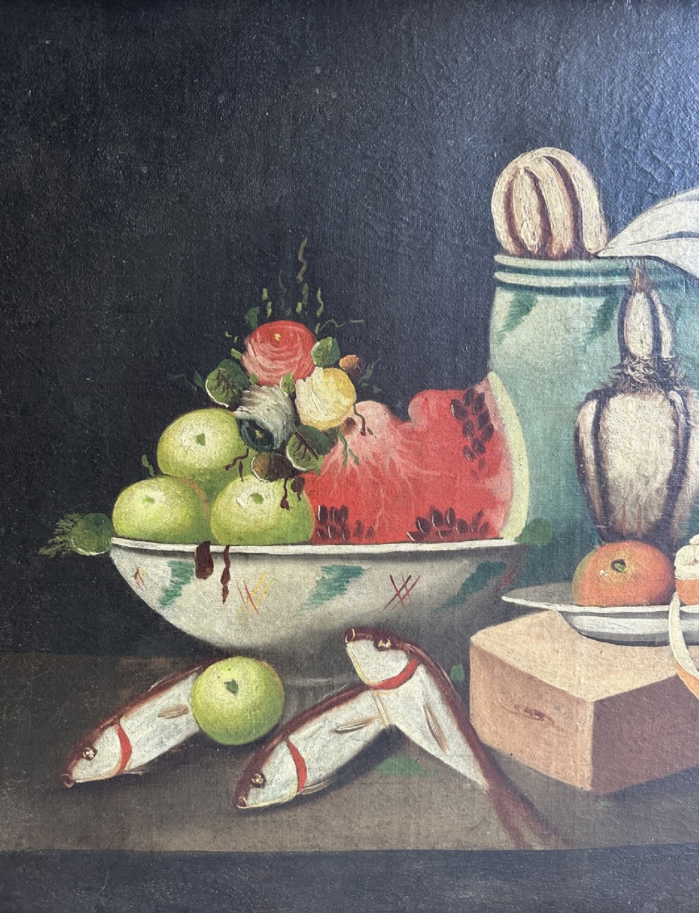 Large Antique Spanish Still Life Oil Painting - Fish, Fruit & Game Birds - 19th Century View III