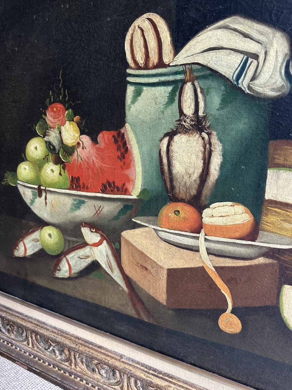 Large Antique Spanish Still Life Oil Painting - Fish, Fruit & Game Birds - 19th Century View V