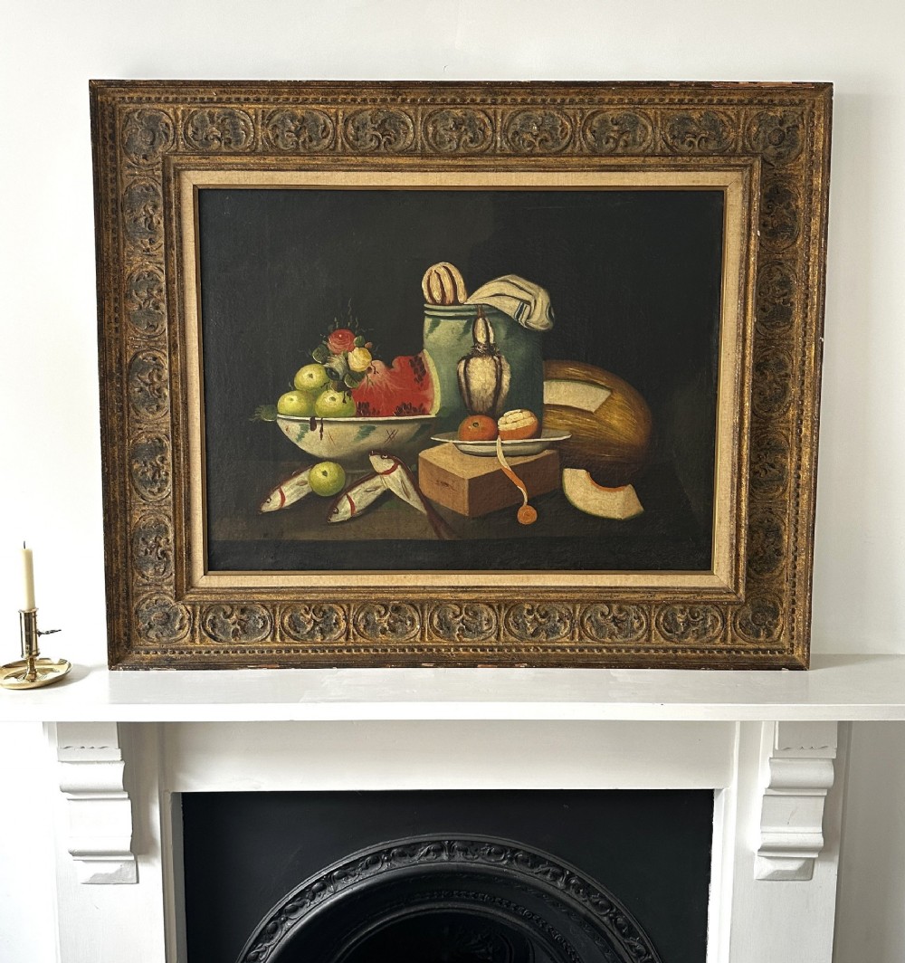Large Antique Spanish Still Life Oil Painting - Fish, Fruit & Game Birds - 19th Century View VII
