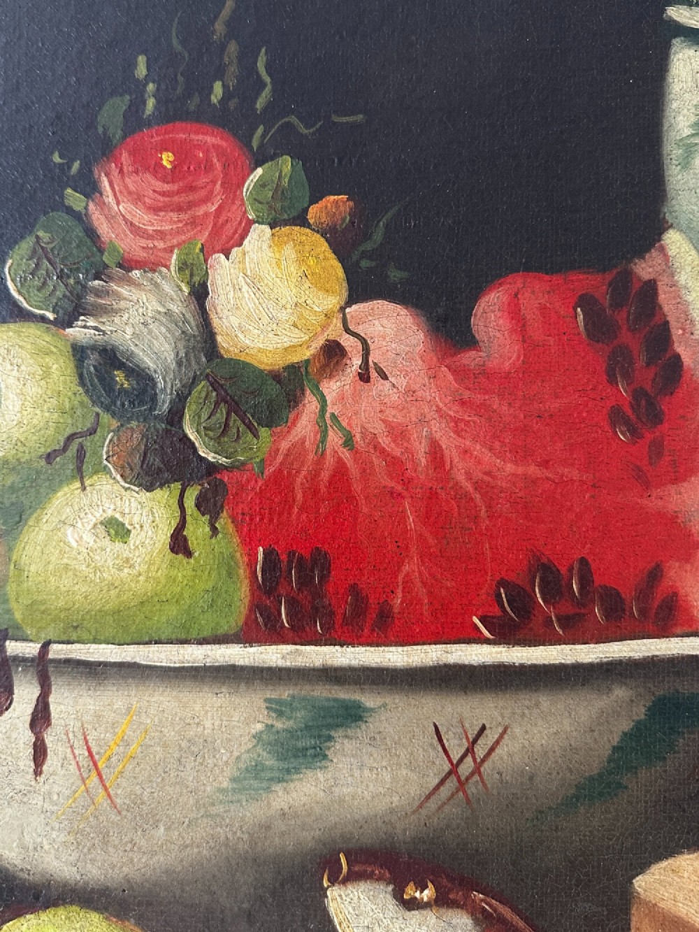 Large Antique Spanish Still Life Oil Painting - Fish, Fruit & Game Birds - 19th Century View XI