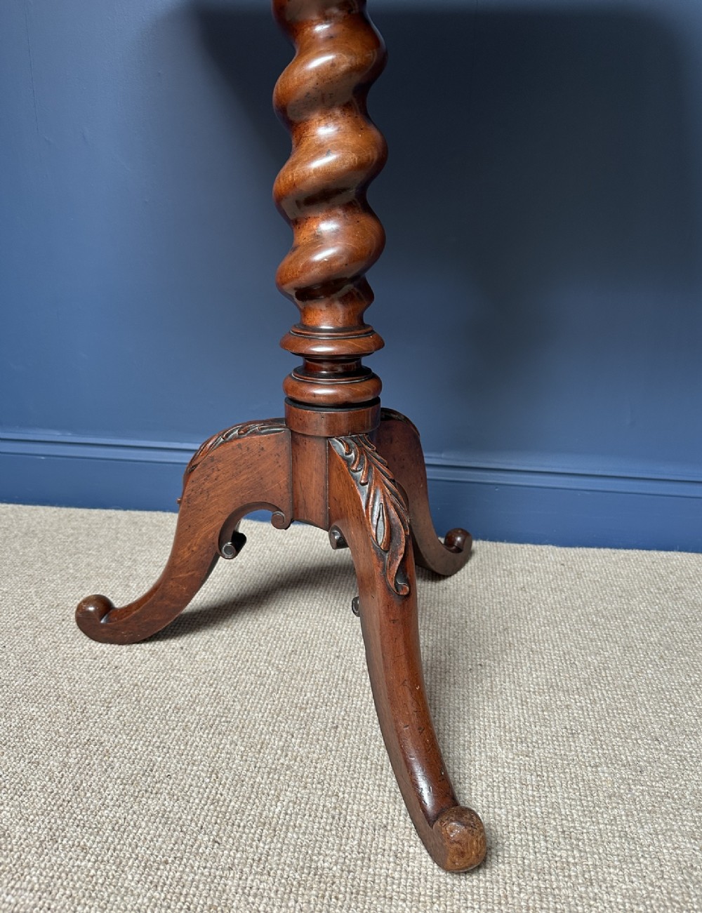A Victorian walnut games table featuring a square top with an inlaid wooden chessboard surface, supported by a central barley twist column and carved tripod legs. View V