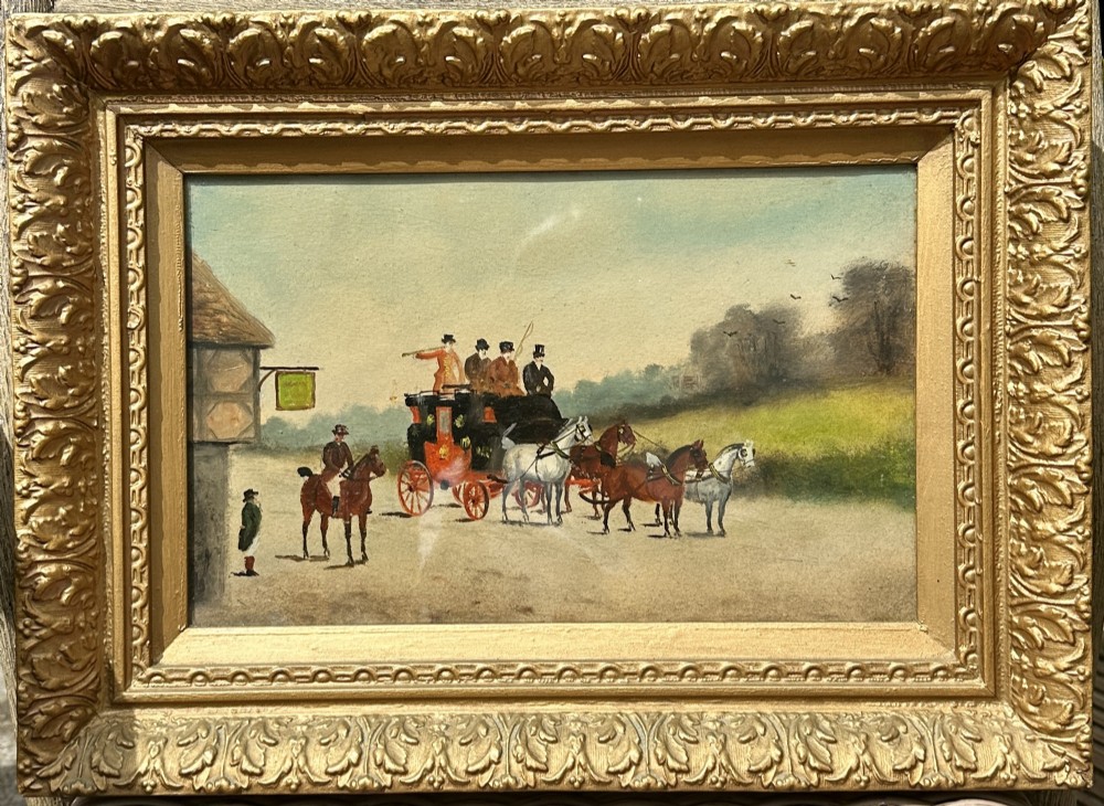A pair of framed Edwardian oil paintings depicting horse-drawn mail coaches traveling through rural English landscapes. View II