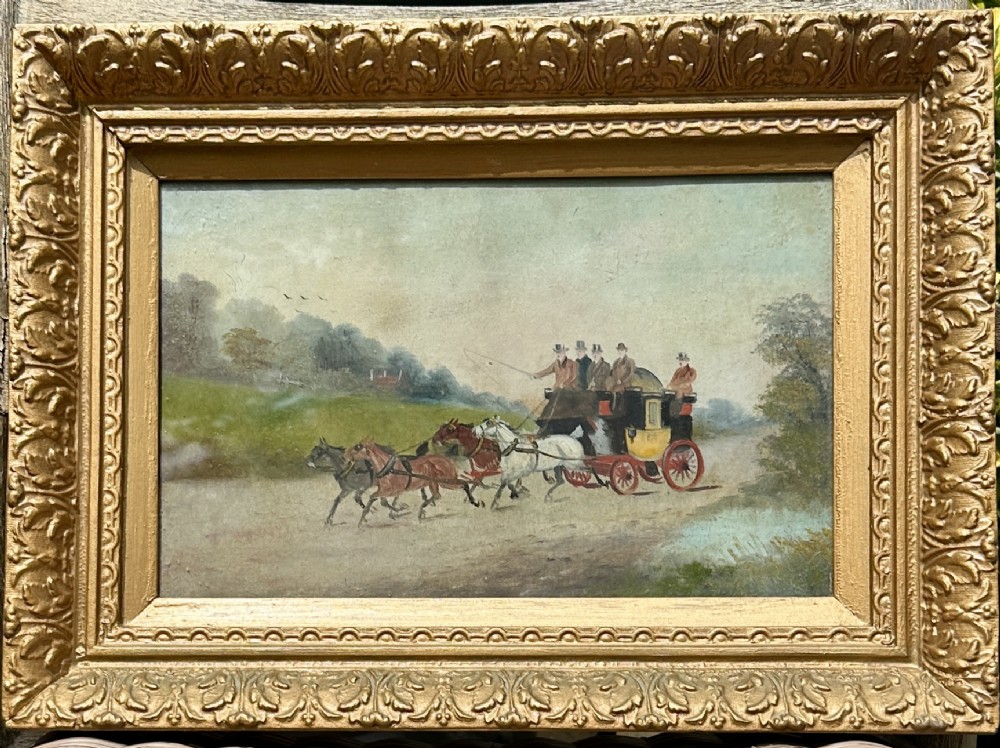 A pair of framed Edwardian oil paintings depicting horse-drawn mail coaches traveling through rural English landscapes. View III