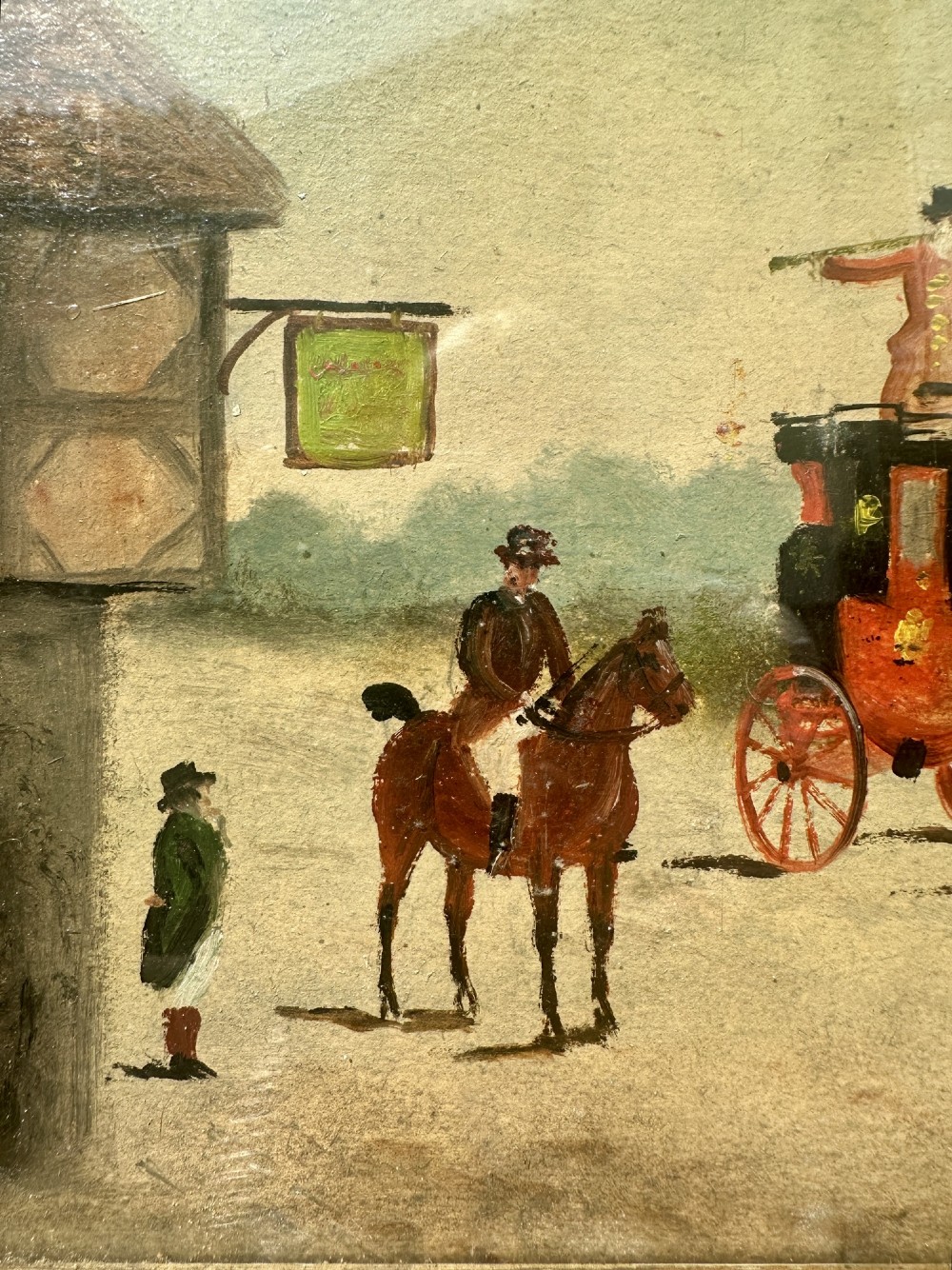 A pair of framed Edwardian oil paintings depicting horse-drawn mail coaches traveling through rural English landscapes. View IV