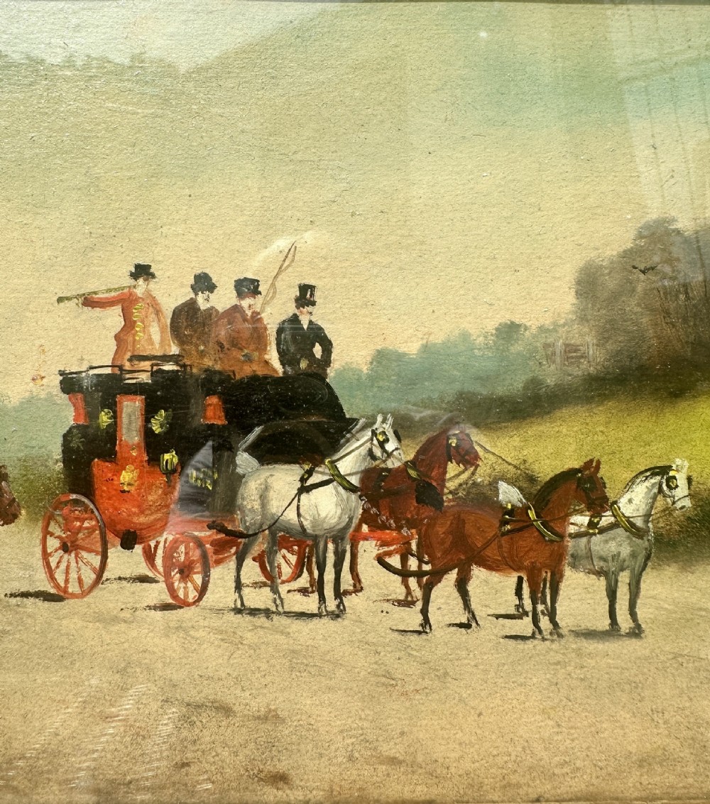 A pair of framed Edwardian oil paintings depicting horse-drawn mail coaches traveling through rural English landscapes. View V