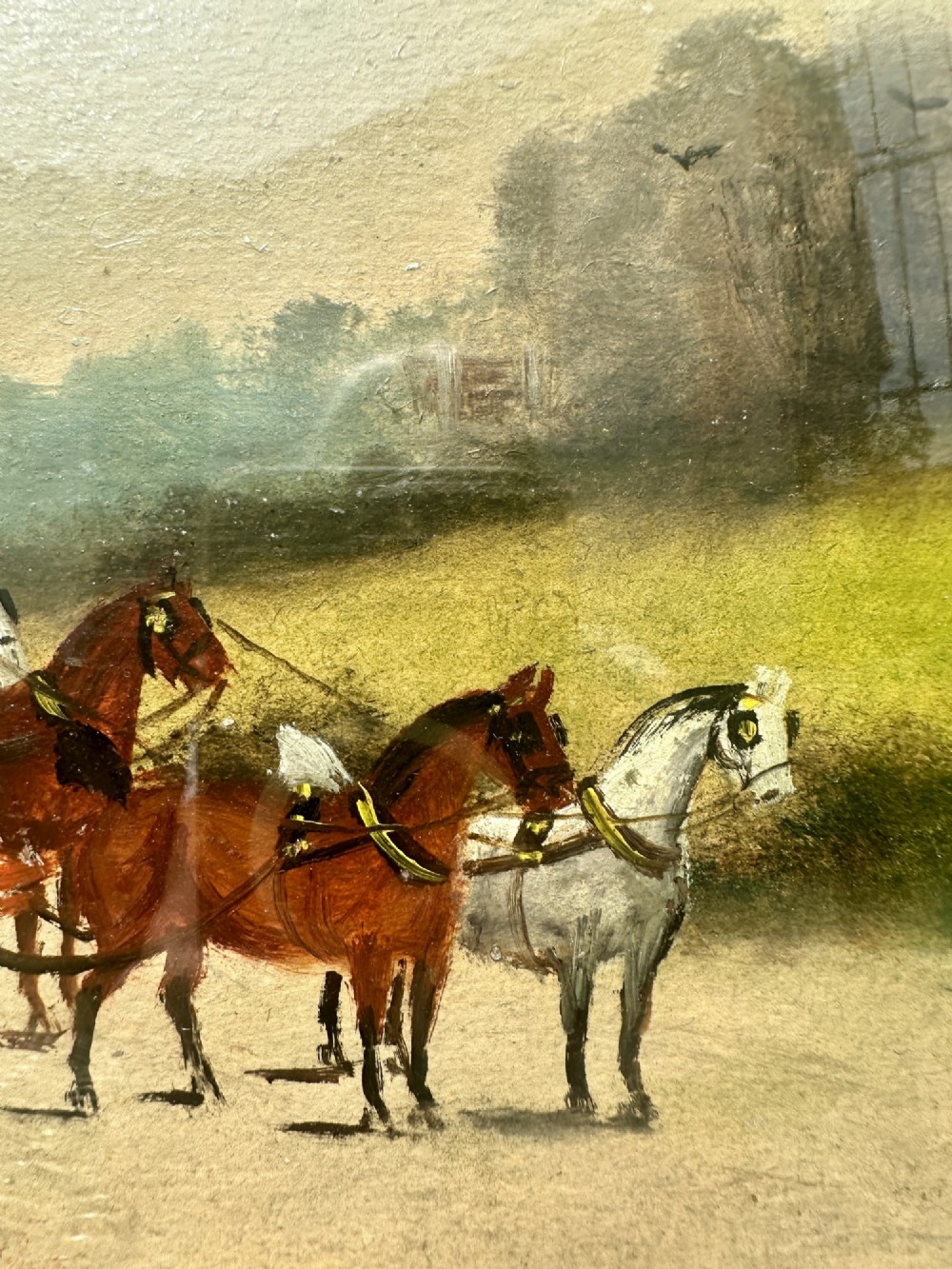 A pair of framed Edwardian oil paintings depicting horse-drawn mail coaches traveling through rural English landscapes. View VI