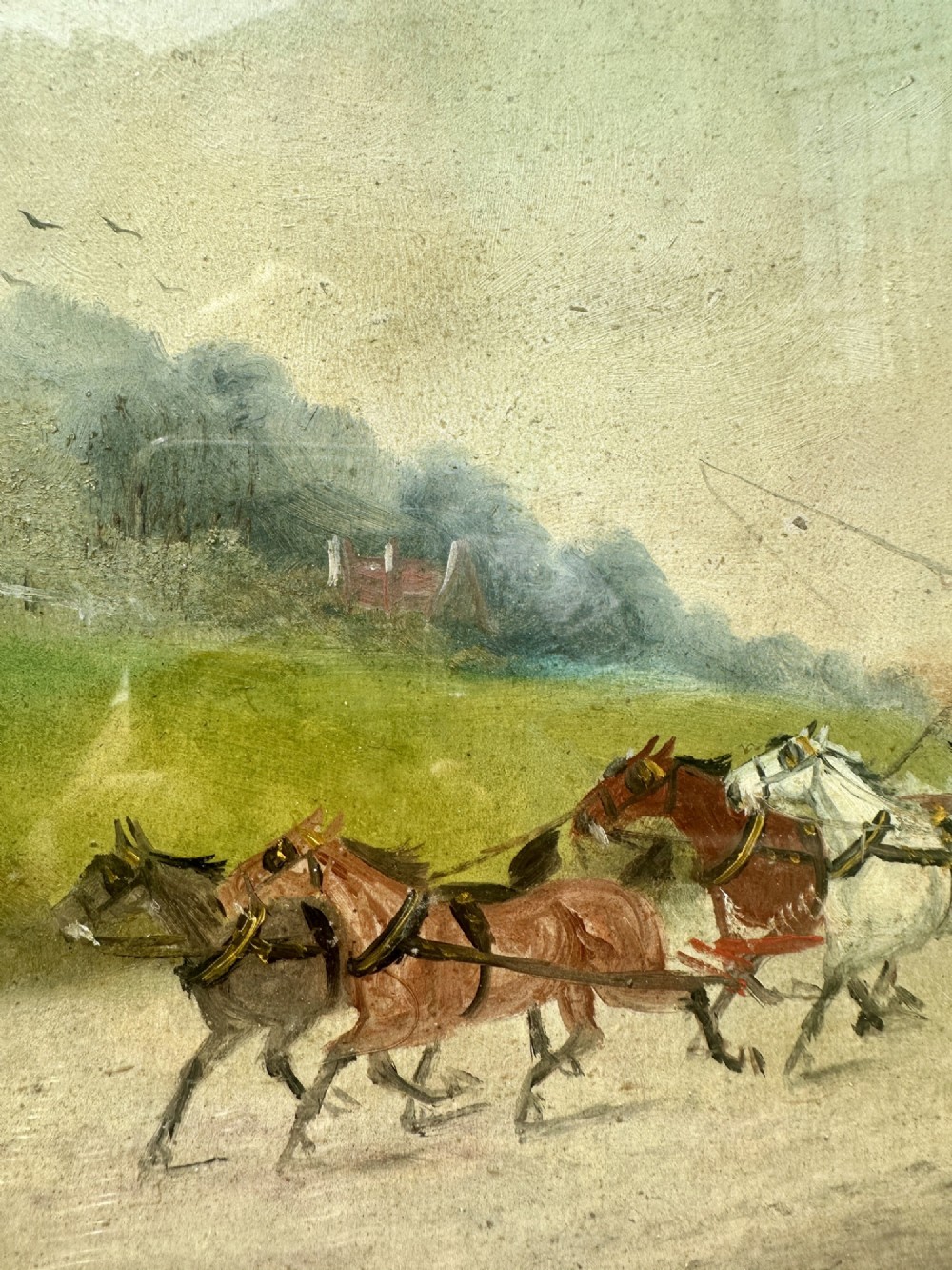 A pair of framed Edwardian oil paintings depicting horse-drawn mail coaches traveling through rural English landscapes. View VII
