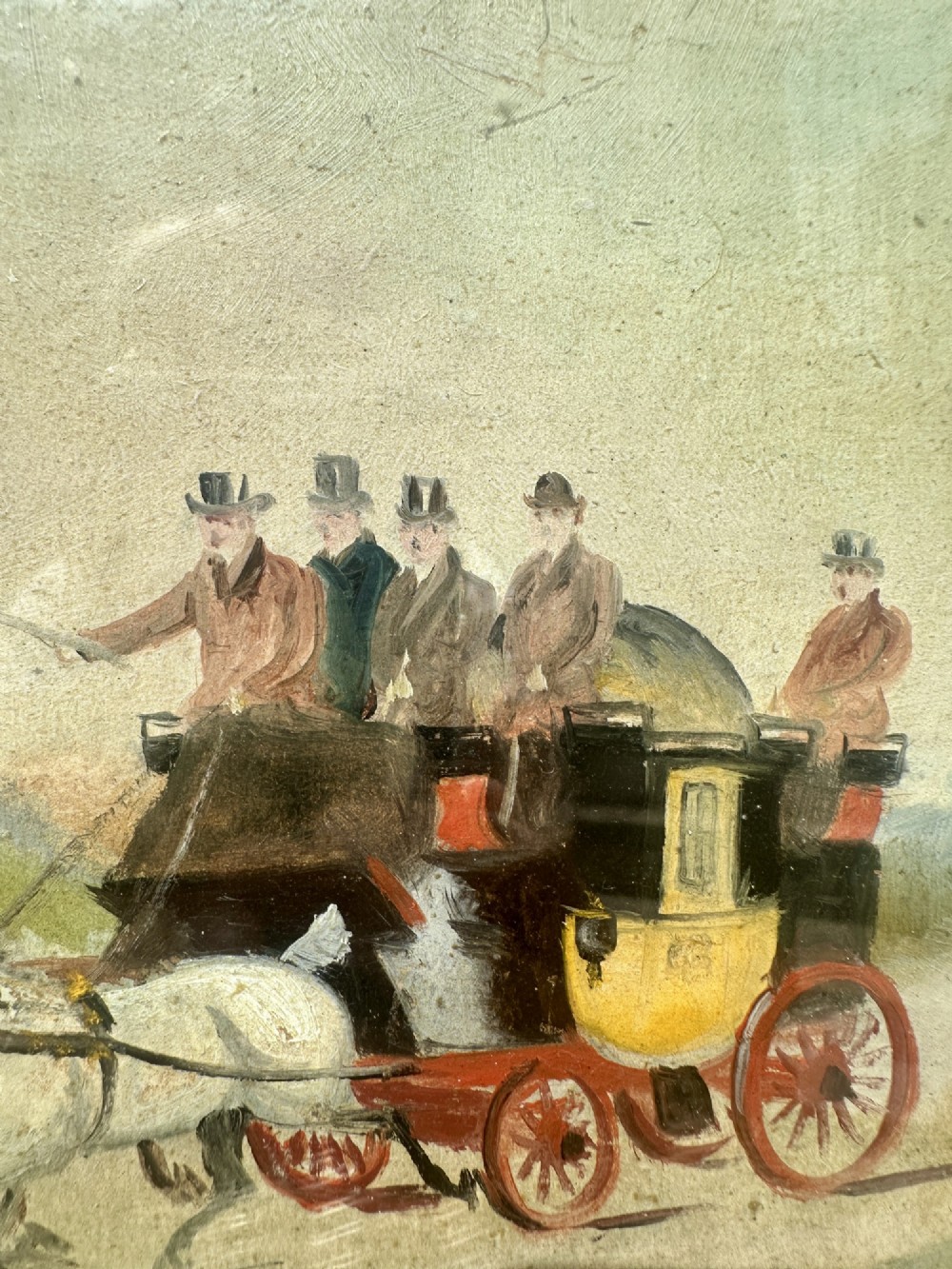 A pair of framed Edwardian oil paintings depicting horse-drawn mail coaches traveling through rural English landscapes. View VIII
