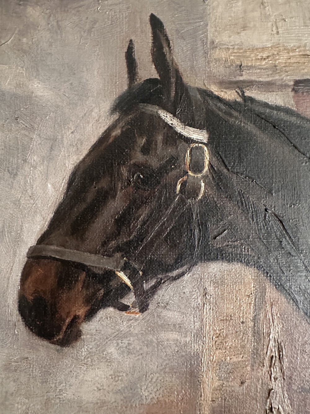 An 1896 oil painting depicting a dark brown horse standing inside a stable, housed within a gilded frame with a brass nameplate. View II