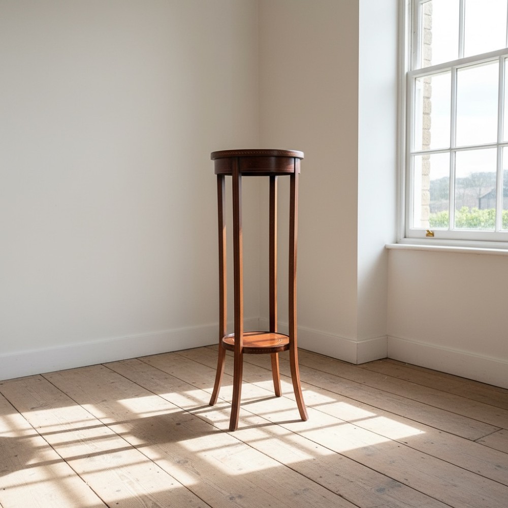 A tall, slender Edwardian mahogany plant stand featuring fine string inlay, splayed legs, and a lower circular shelf.