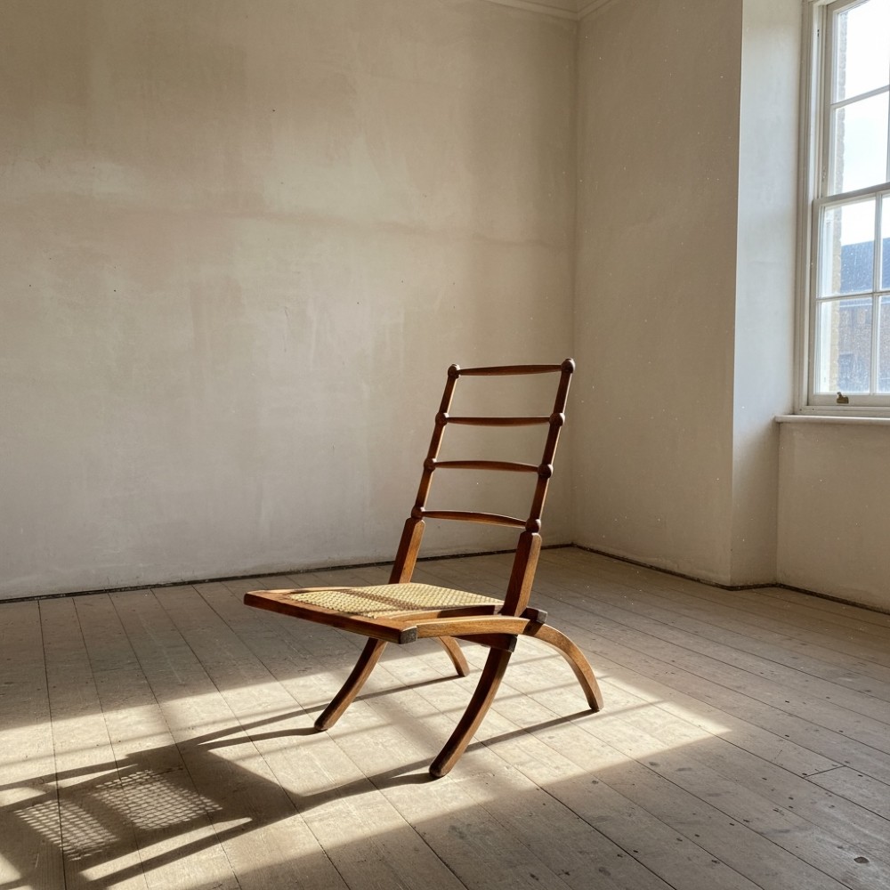 A nineteenth-century Aesthetic Movement folding campaign chair made from warm brown wood with a ladder back and woven cane seat.