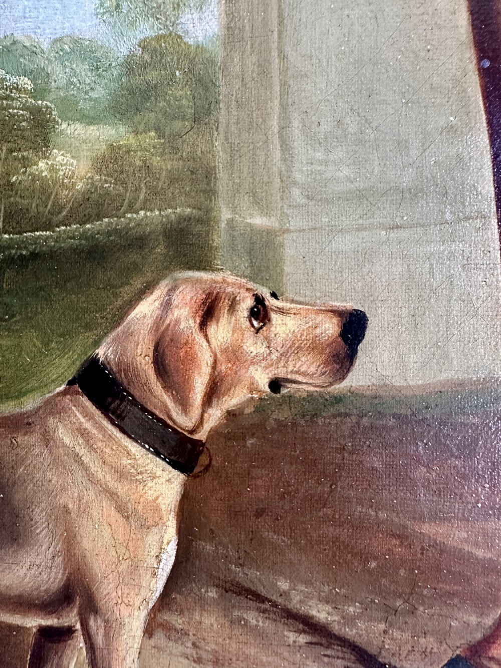 A 19th-century oil painting depicting two brown carriage horses in harness standing beside a hound, set within a beaded gilt frame. View IV