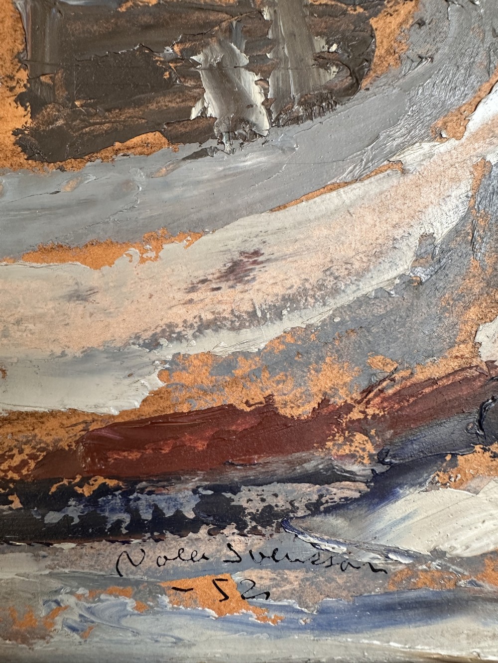 A framed mid-century oil painting depicting a harbour scene with grounded fishing boats and small coastal village houses rendered in textured impasto strokes and muted earth tones. View IV