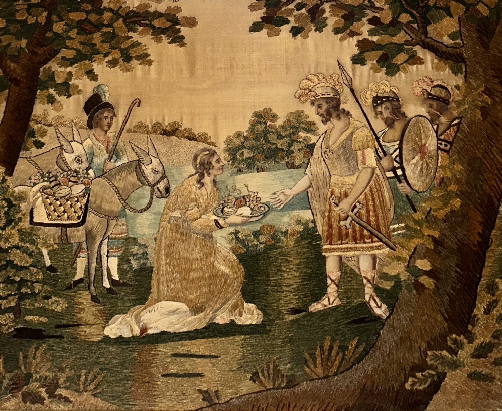 A framed Regency silk and chenille embroidery picture depicting the biblical narrative of Abigail before King David within a moulded gilt frame. View II