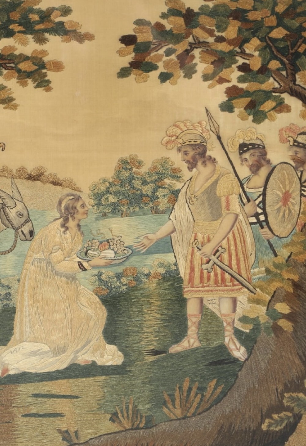 A framed Regency silk and chenille embroidery picture depicting the biblical narrative of Abigail before King David within a moulded gilt frame. View VI
