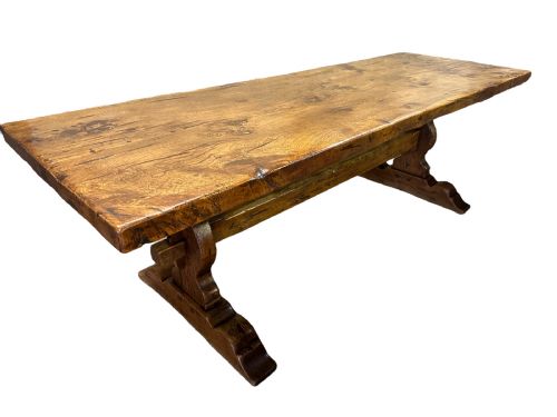 antique single plank top trestle dining table - CATEGORY: ANTIQUE TABLES - DATED 1920