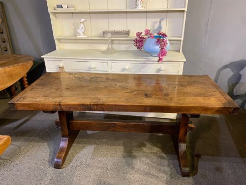 ANTIQUE OAK THICK TOP TRESTLE TABLE - ADDITIONAL PHOTO 1