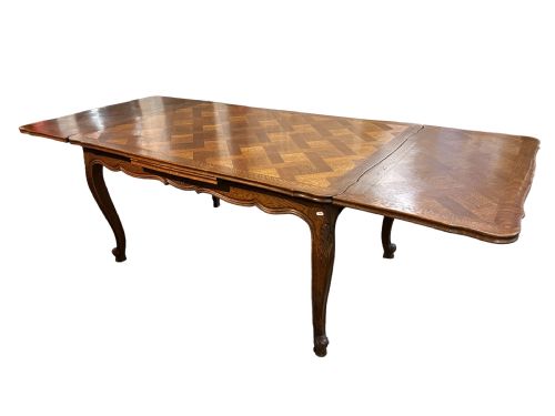 ANTIQUE FRENCH OAK PARQUETRY TOP DRAWLEAF DINING TABLE - ADDITIONAL PHOTO 1