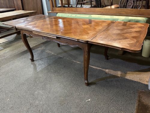 ANTIQUE FRENCH OAK PARQUETRY TOP DRAWLEAF DINING TABLE - ADDITIONAL PHOTO 2