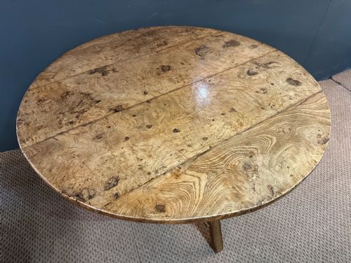ANTIQUE ROUND TILT TOP BURR ASH CRICKET TABLE - ADDITIONAL PHOTO 5