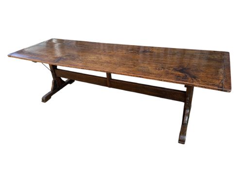 ANTIQUE TRESTLE OAK TABLE WITH IRON BRACKETS - ADDITIONAL PHOTO 1