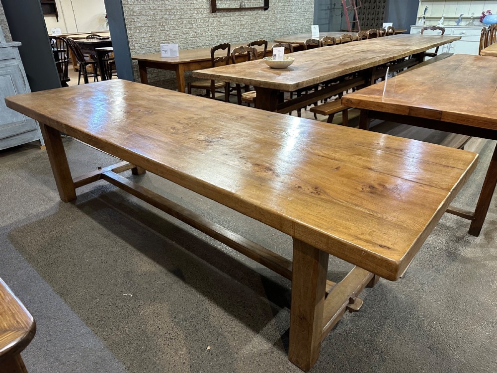 Antique Elm Farmhouse Table With Thick Tactile Top View II