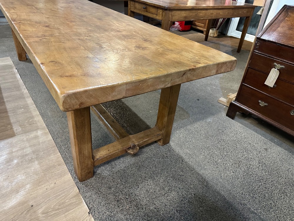 Antique Elm Farmhouse Table With Thick Tactile Top View IV