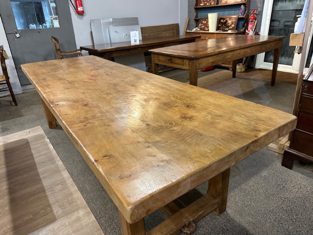 Antique Elm Farmhouse Table With Thick Tactile Top View VI