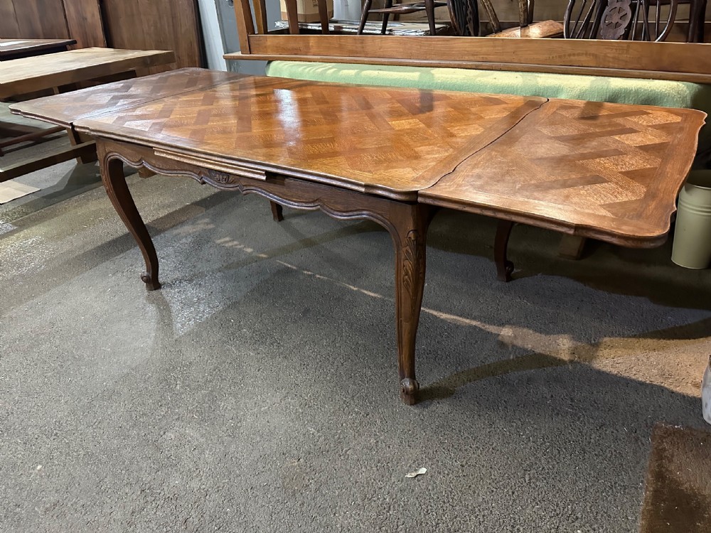 Antique French Oak Parquetry Top Draw-leaf Dining Table View III