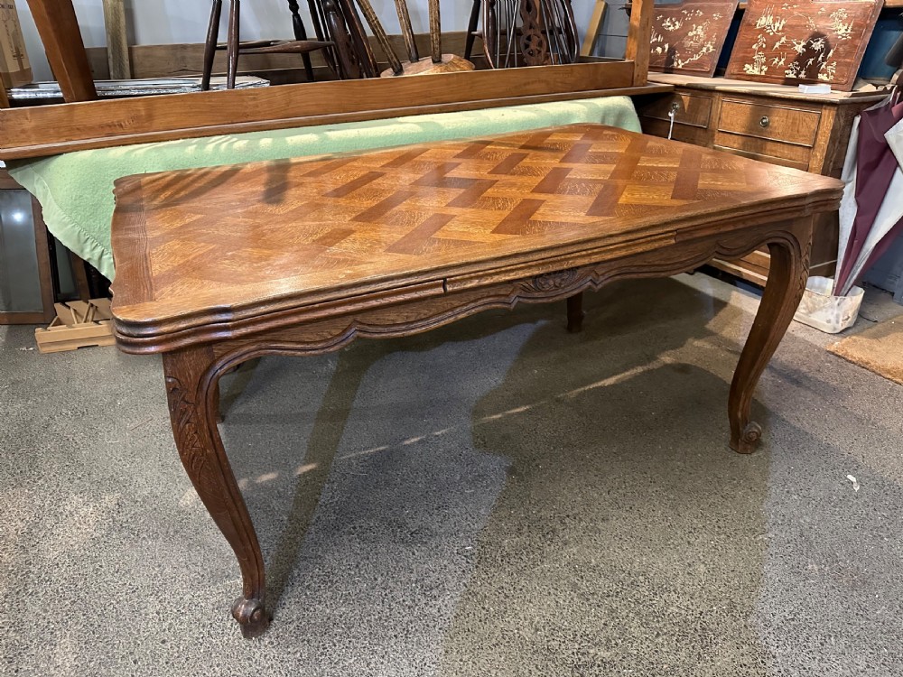 Antique French Oak Parquetry Top Draw-leaf Dining Table View V