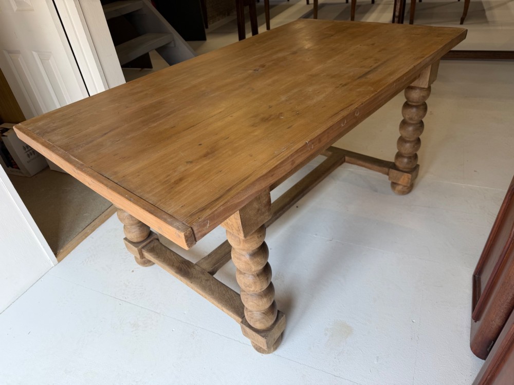 A pale oak and beech rectangular table featuring distinct bobbin-turned legs and lower support stretchers. View II