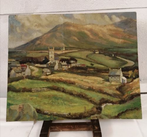 really lovely pastoral church scene oil painting - CATEGORY: ANTIQUE ART - DATED 1940