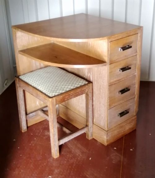 art deco lined oak and chrome corner desk and stool - CATEGORY: ANTIQUE DESKS - DATED 1930