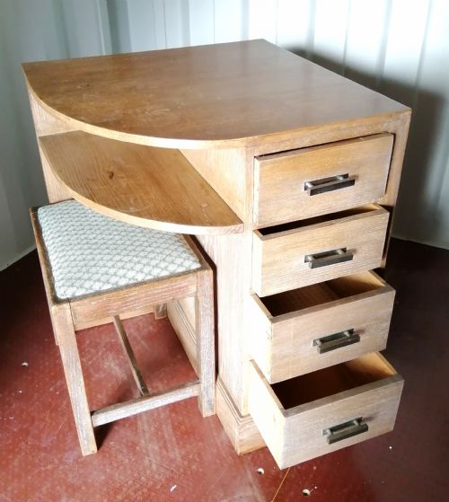 ART DECO LINED OAK AND CHROME CORNER DESK AND STOOL - ADDITIONAL PHOTO 1