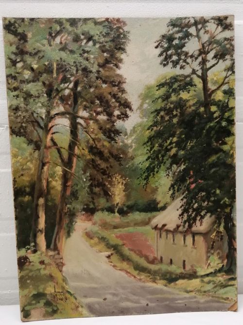 original oil on board tall trees - CATEGORY: ANTIQUE ART - DATED 1940