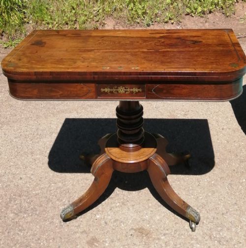 regency rosewood and brass inlaid card table - CATEGORY: ANTIQUE TABLES - DATED REGENCY