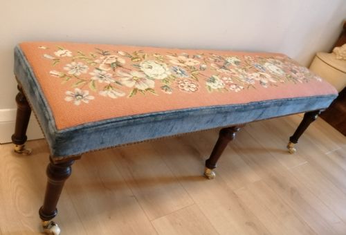 antique long woolwork top stool - CATEGORY: ANTIQUE STOOLS - DATED 1920