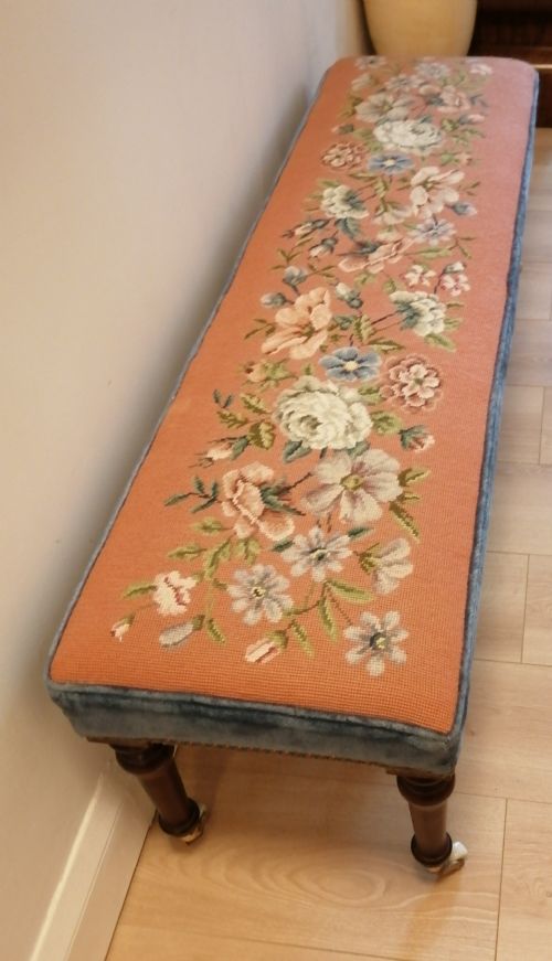 ANTIQUE LONG WOOLWORK TOP STOOL - ADDITIONAL PHOTO 2