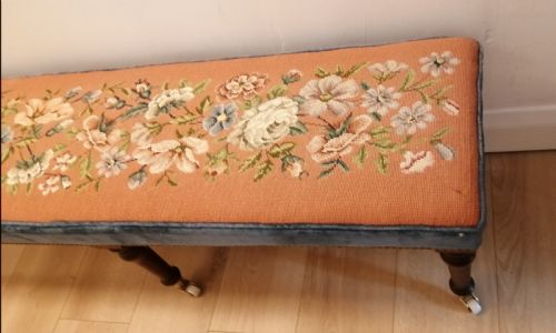 ANTIQUE LONG WOOLWORK TOP STOOL - ADDITIONAL PHOTO 3
