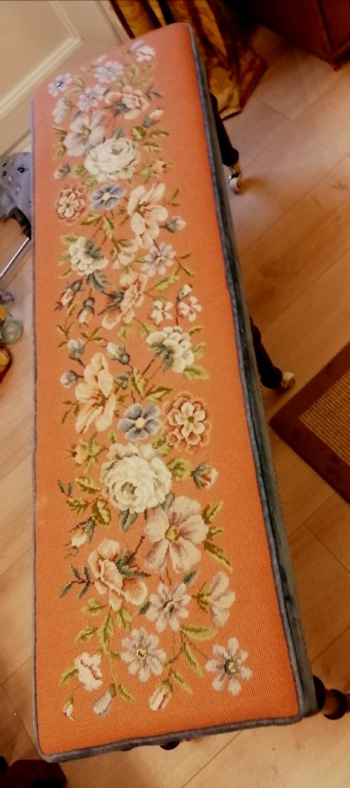 ANTIQUE LONG WOOLWORK TOP STOOL - ADDITIONAL PHOTO 15