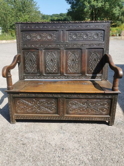 antique carved oak settle bench - CATEGORY: ANTIQUE FURNITURE - DATED 1870