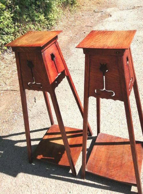 RARE PAIR OF ARTS AND CRAFTS OAK PLANT STANDS - ADDITIONAL PHOTO 2