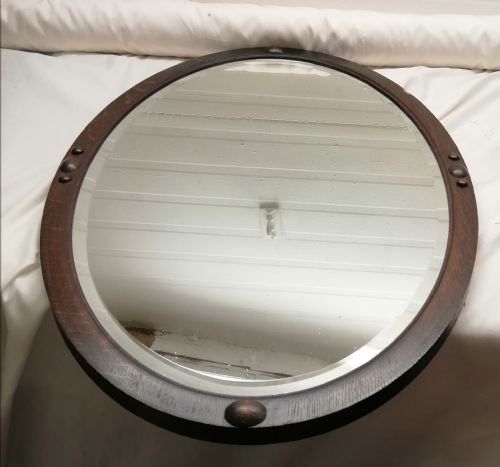 antique oak oval mirror with beveled edges - CATEGORY: ANTIQUE MIRRORS - DATED 1920