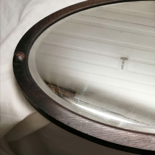 ANTIQUE OAK OVAL MIRROR WITH BEVELED EDGES - ADDITIONAL PHOTO 4