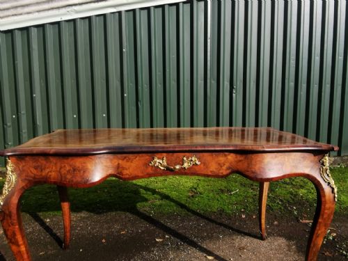 victorian burr walnut 3 drawer library table by mordant and sons london - CATEGORY: ANTIQUE TABLES - DATED 1870